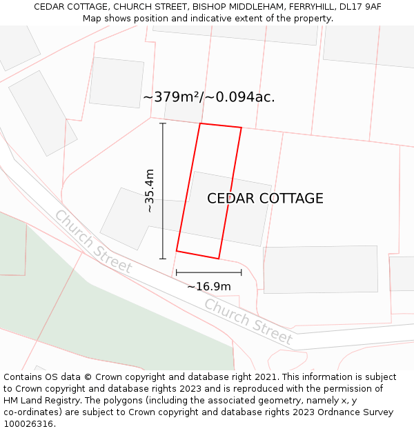 CEDAR COTTAGE, CHURCH STREET, BISHOP MIDDLEHAM, FERRYHILL, DL17 9AF: Plot and title map