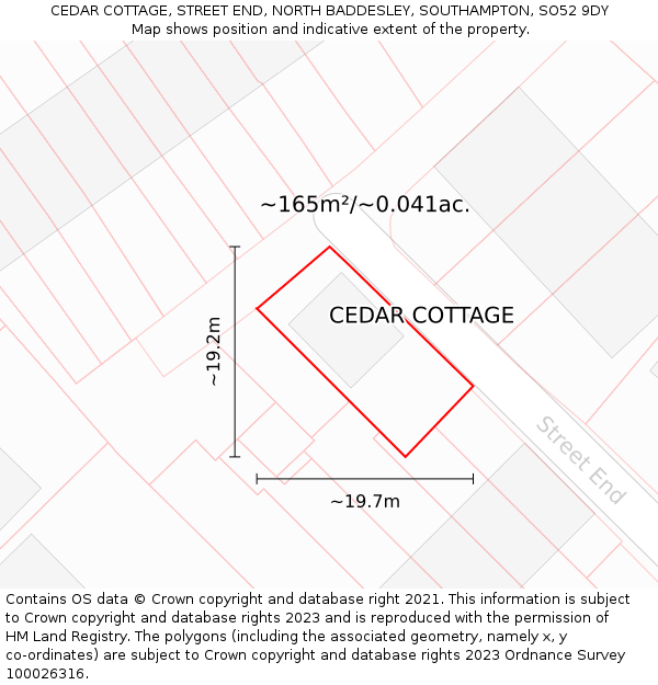 CEDAR COTTAGE, STREET END, NORTH BADDESLEY, SOUTHAMPTON, SO52 9DY: Plot and title map