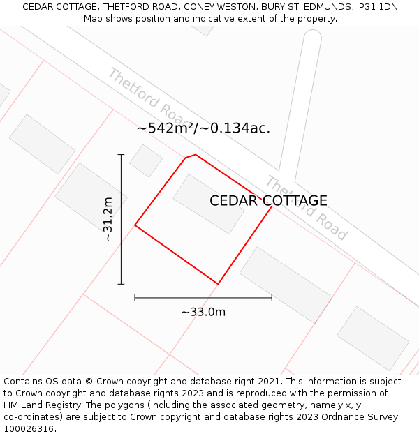 CEDAR COTTAGE, THETFORD ROAD, CONEY WESTON, BURY ST. EDMUNDS, IP31 1DN: Plot and title map