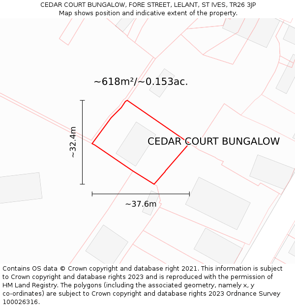 CEDAR COURT BUNGALOW, FORE STREET, LELANT, ST IVES, TR26 3JP: Plot and title map