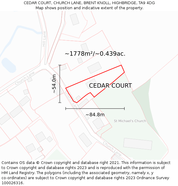 CEDAR COURT, CHURCH LANE, BRENT KNOLL, HIGHBRIDGE, TA9 4DG: Plot and title map