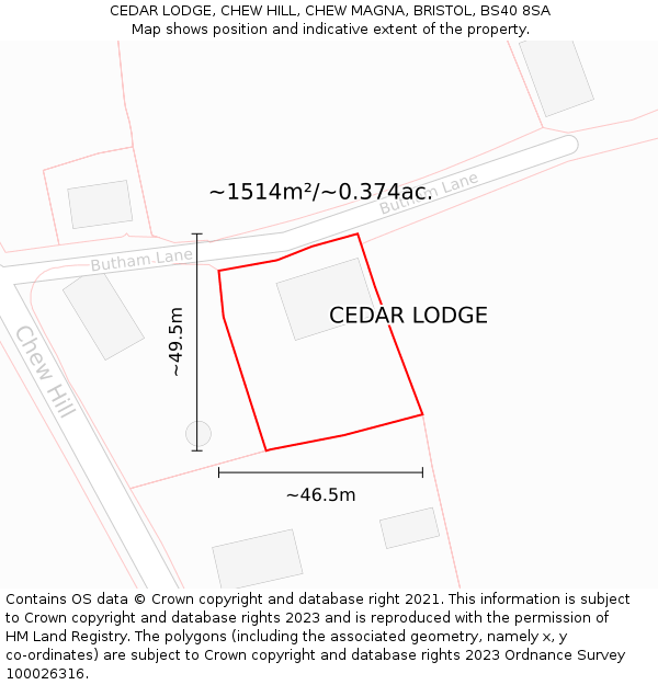 CEDAR LODGE, CHEW HILL, CHEW MAGNA, BRISTOL, BS40 8SA: Plot and title map