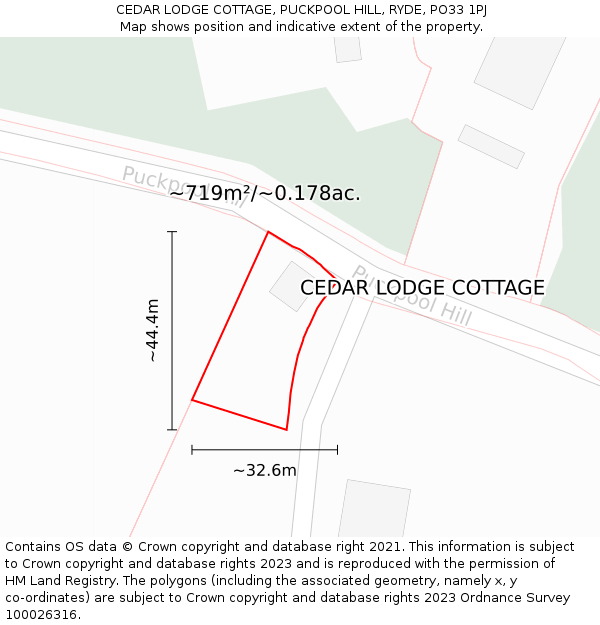 CEDAR LODGE COTTAGE, PUCKPOOL HILL, RYDE, PO33 1PJ: Plot and title map