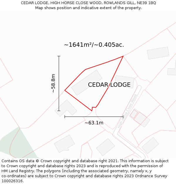 CEDAR LODGE, HIGH HORSE CLOSE WOOD, ROWLANDS GILL, NE39 1BQ: Plot and title map