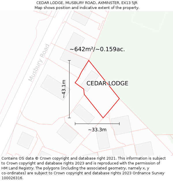CEDAR LODGE, MUSBURY ROAD, AXMINSTER, EX13 5JR: Plot and title map