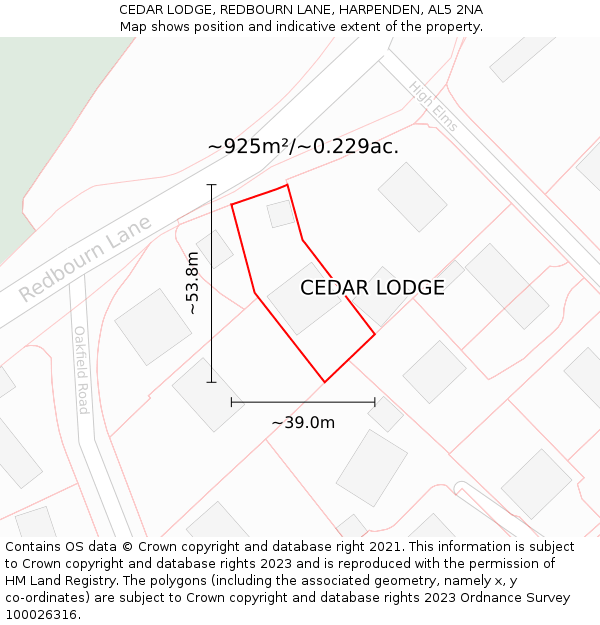 CEDAR LODGE, REDBOURN LANE, HARPENDEN, AL5 2NA: Plot and title map