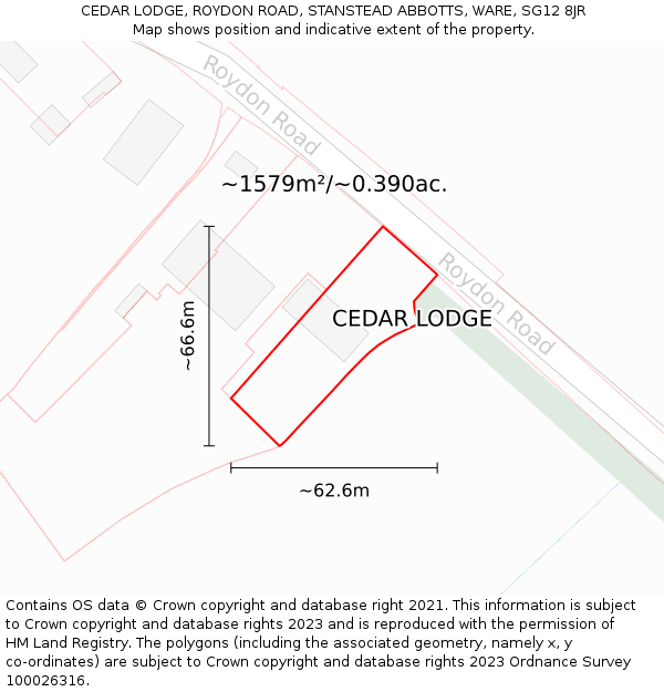 CEDAR LODGE, ROYDON ROAD, STANSTEAD ABBOTTS, WARE, SG12 8JR: Plot and title map