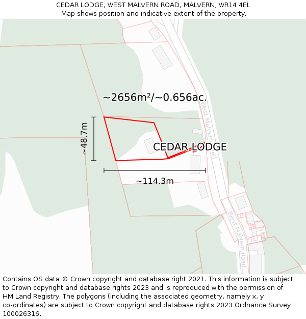 CEDAR LODGE, WEST MALVERN ROAD, MALVERN, WR14 4EL: Plot and title map
