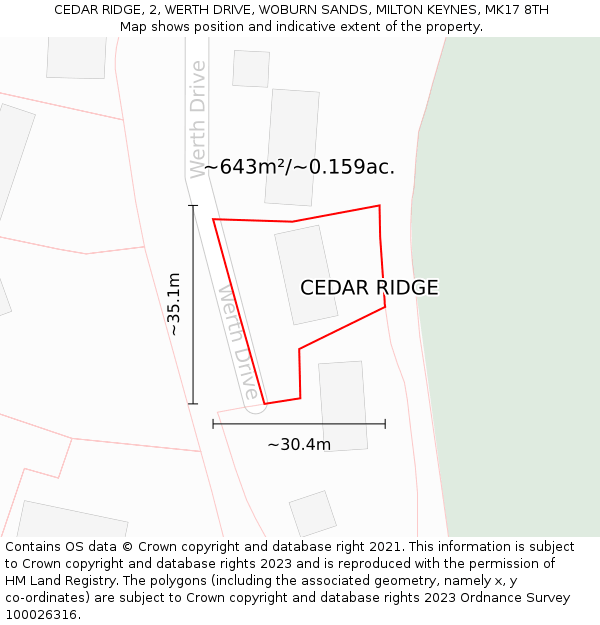 CEDAR RIDGE, 2, WERTH DRIVE, WOBURN SANDS, MILTON KEYNES, MK17 8TH: Plot and title map