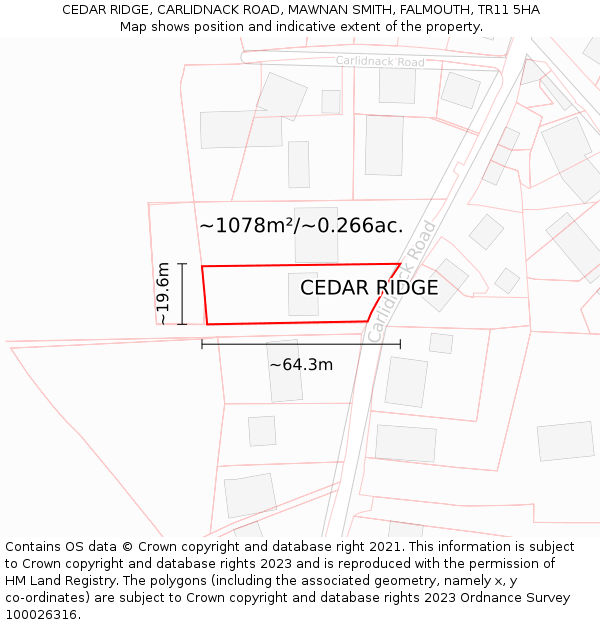 CEDAR RIDGE, CARLIDNACK ROAD, MAWNAN SMITH, FALMOUTH, TR11 5HA: Plot and title map