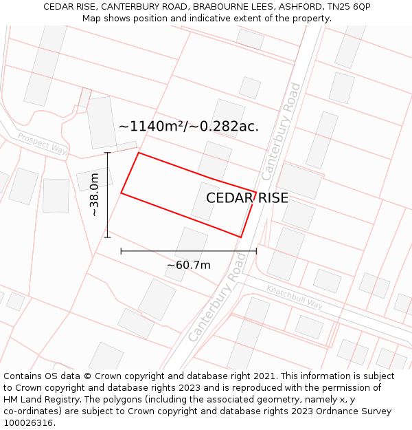 CEDAR RISE, CANTERBURY ROAD, BRABOURNE LEES, ASHFORD, TN25 6QP: Plot and title map