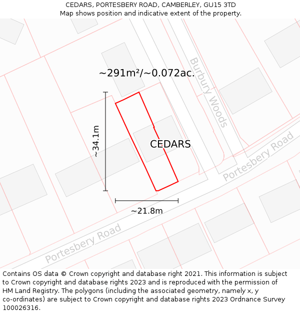 CEDARS, PORTESBERY ROAD, CAMBERLEY, GU15 3TD: Plot and title map