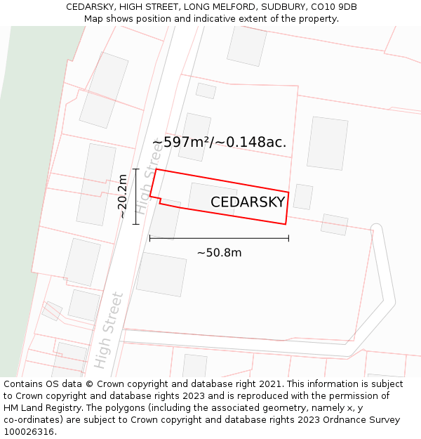 CEDARSKY, HIGH STREET, LONG MELFORD, SUDBURY, CO10 9DB: Plot and title map