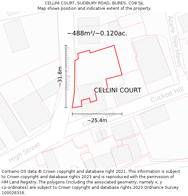 CELLINI COURT, SUDBURY ROAD, BURES, CO8 5JL: Plot and title map