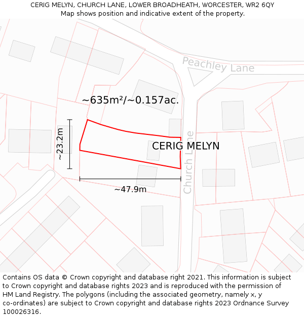 CERIG MELYN, CHURCH LANE, LOWER BROADHEATH, WORCESTER, WR2 6QY: Plot and title map