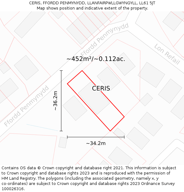 CERIS, FFORDD PENMYNYDD, LLANFAIRPWLLGWYNGYLL, LL61 5JT: Plot and title map