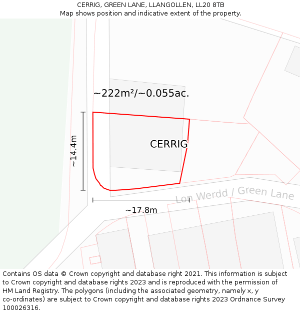 CERRIG, GREEN LANE, LLANGOLLEN, LL20 8TB: Plot and title map