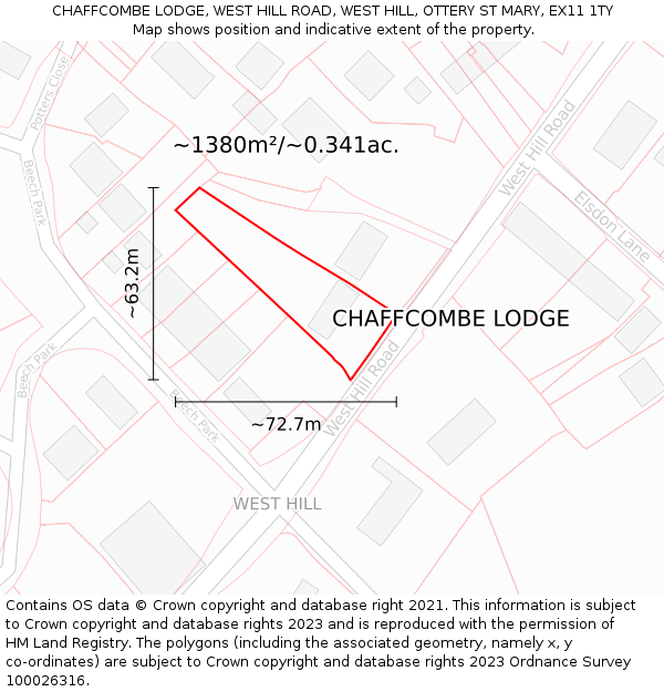 CHAFFCOMBE LODGE, WEST HILL ROAD, WEST HILL, OTTERY ST MARY, EX11 1TY: Plot and title map