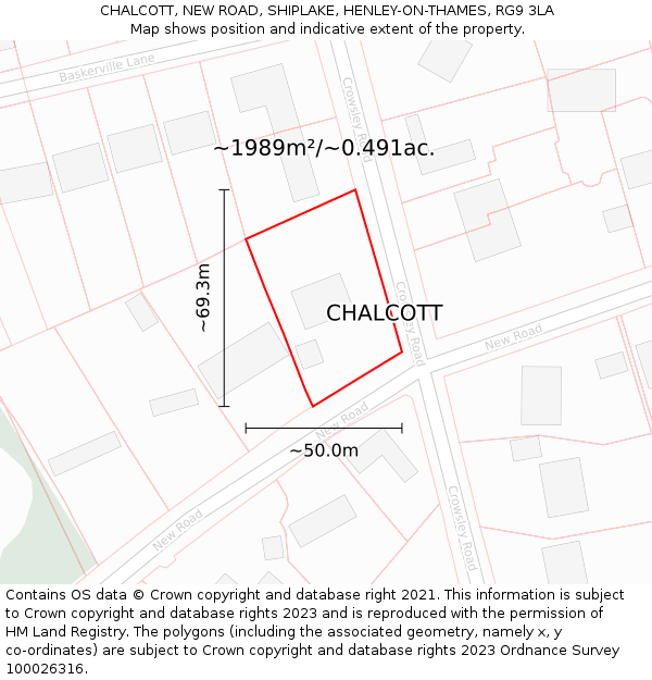 CHALCOTT, NEW ROAD, SHIPLAKE, HENLEY-ON-THAMES, RG9 3LA: Plot and title map