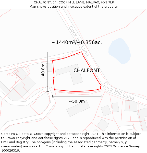 CHALFONT, 14, COCK HILL LANE, HALIFAX, HX3 7LP: Plot and title map