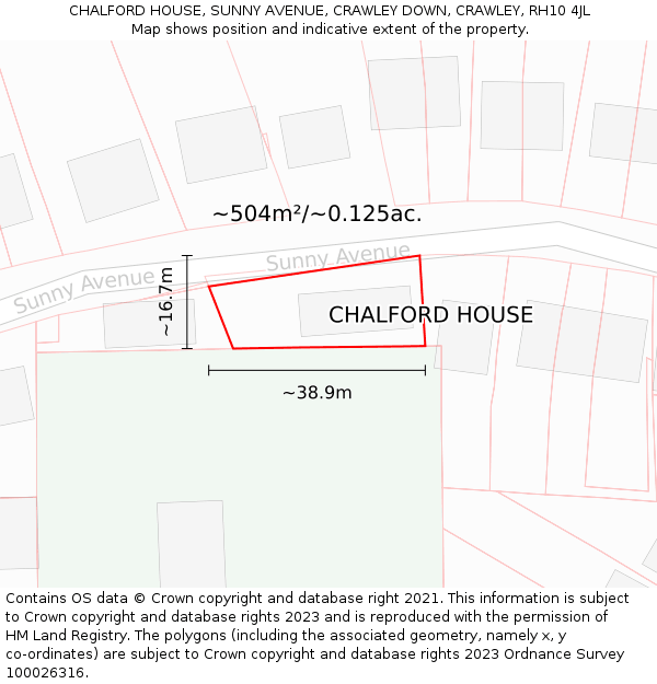 CHALFORD HOUSE, SUNNY AVENUE, CRAWLEY DOWN, CRAWLEY, RH10 4JL: Plot and title map