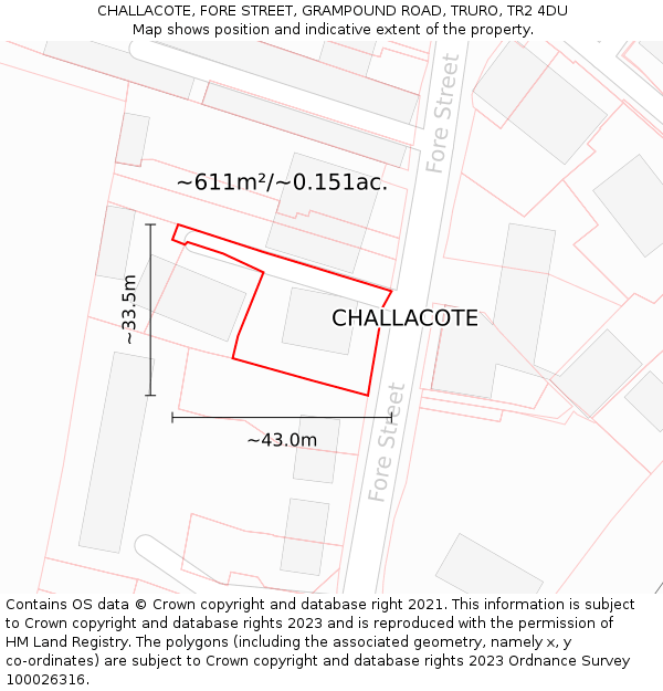 CHALLACOTE, FORE STREET, GRAMPOUND ROAD, TRURO, TR2 4DU: Plot and title map