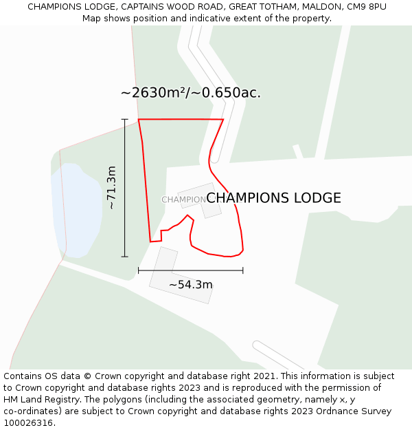 CHAMPIONS LODGE, CAPTAINS WOOD ROAD, GREAT TOTHAM, MALDON, CM9 8PU: Plot and title map