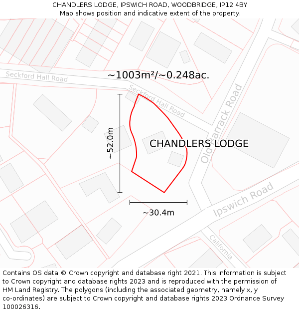 CHANDLERS LODGE, IPSWICH ROAD, WOODBRIDGE, IP12 4BY: Plot and title map