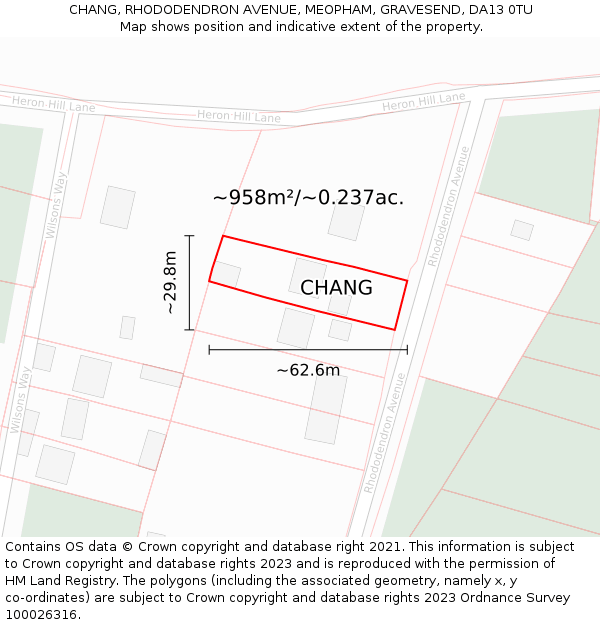 CHANG, RHODODENDRON AVENUE, MEOPHAM, GRAVESEND, DA13 0TU: Plot and title map