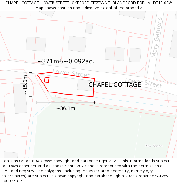 CHAPEL COTTAGE, LOWER STREET, OKEFORD FITZPAINE, BLANDFORD FORUM, DT11 0RW: Plot and title map