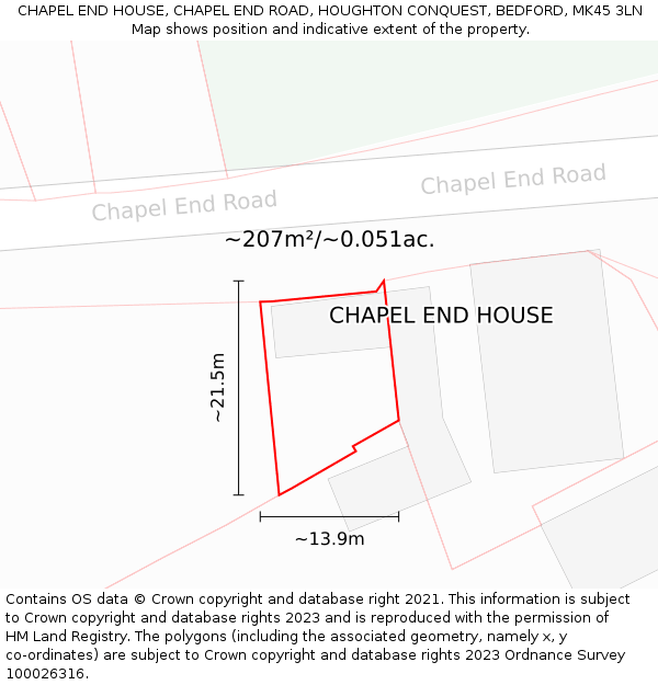 CHAPEL END HOUSE, CHAPEL END ROAD, HOUGHTON CONQUEST, BEDFORD, MK45 3LN: Plot and title map