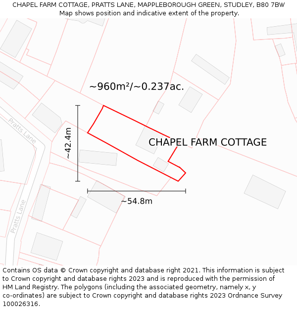 CHAPEL FARM COTTAGE, PRATTS LANE, MAPPLEBOROUGH GREEN, STUDLEY, B80 7BW: Plot and title map