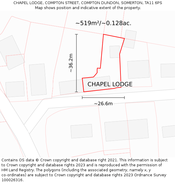 CHAPEL LODGE, COMPTON STREET, COMPTON DUNDON, SOMERTON, TA11 6PS: Plot and title map