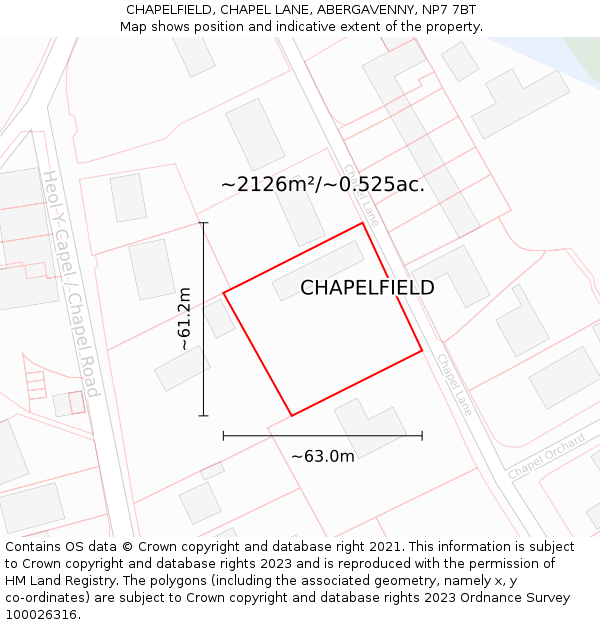 CHAPELFIELD, CHAPEL LANE, ABERGAVENNY, NP7 7BT: Plot and title map