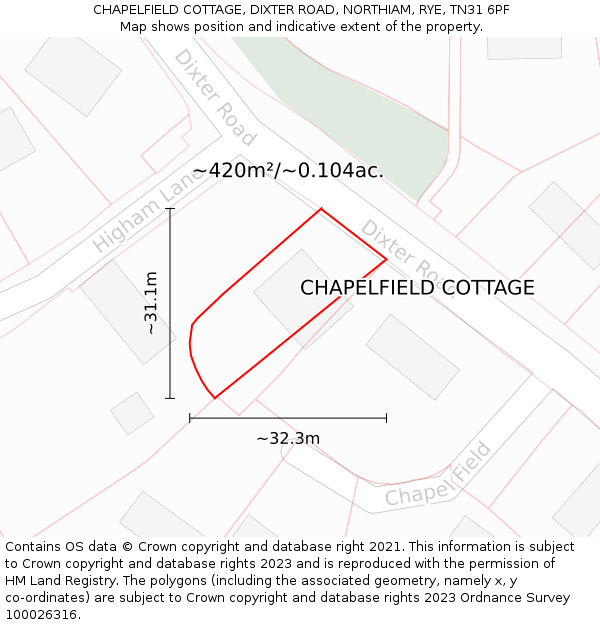 CHAPELFIELD COTTAGE, DIXTER ROAD, NORTHIAM, RYE, TN31 6PF: Plot and title map