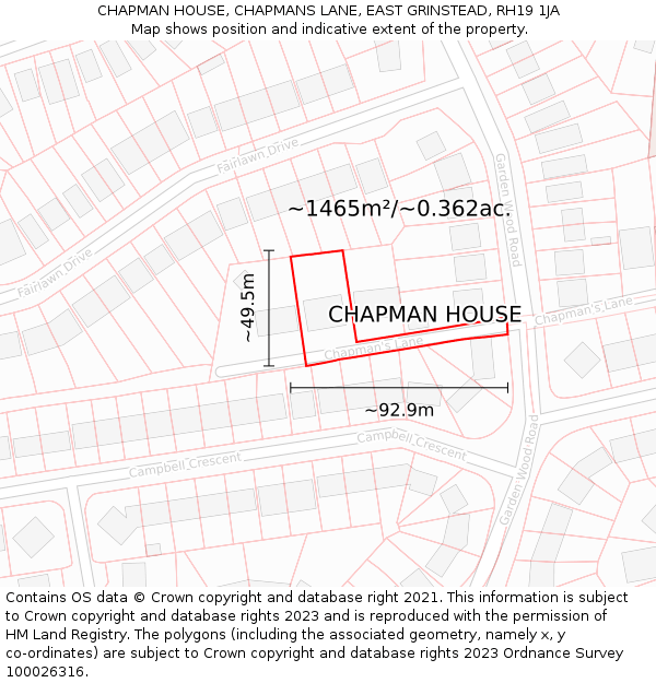 CHAPMAN HOUSE, CHAPMANS LANE, EAST GRINSTEAD, RH19 1JA: Plot and title map