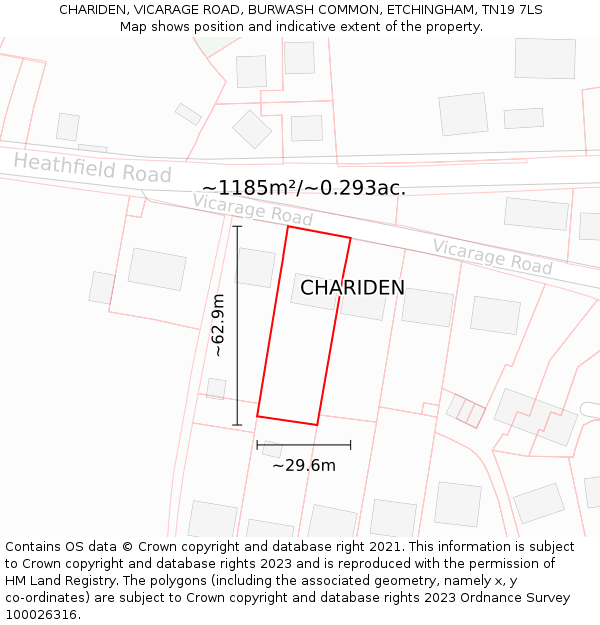 CHARIDEN, VICARAGE ROAD, BURWASH COMMON, ETCHINGHAM, TN19 7LS: Plot and title map