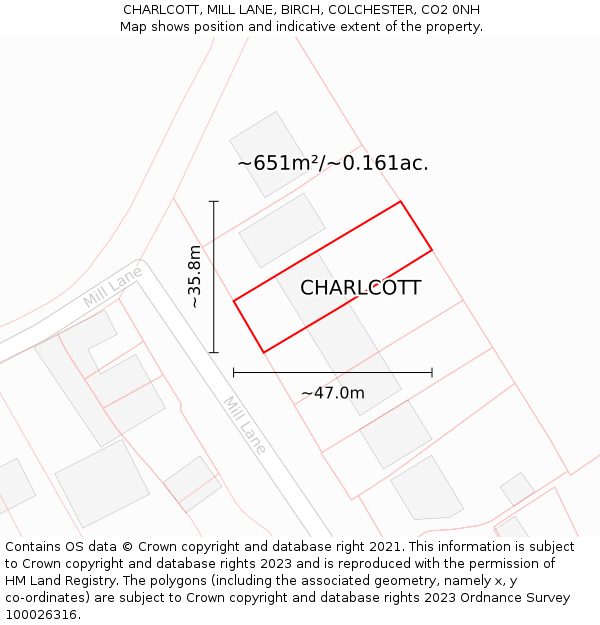 CHARLCOTT, MILL LANE, BIRCH, COLCHESTER, CO2 0NH: Plot and title map