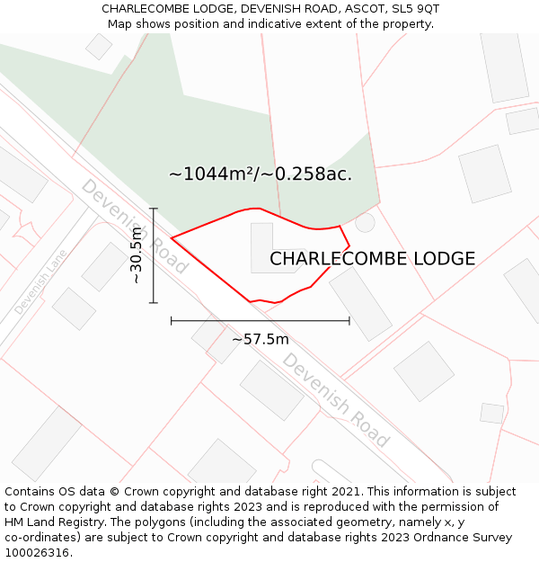 CHARLECOMBE LODGE, DEVENISH ROAD, ASCOT, SL5 9QT: Plot and title map