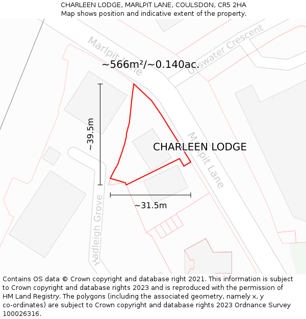 CHARLEEN LODGE, MARLPIT LANE, COULSDON, CR5 2HA: Plot and title map