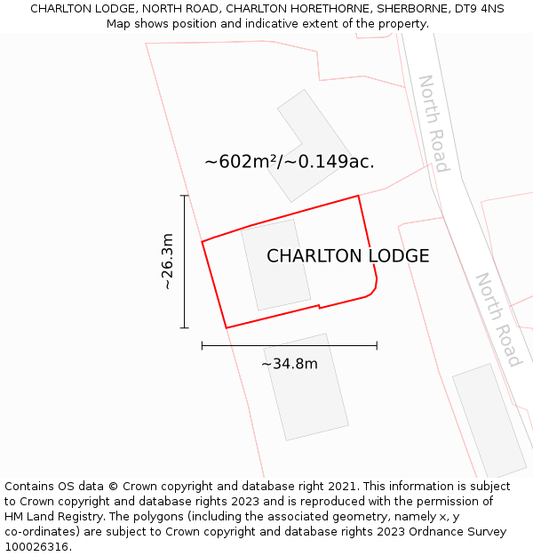 CHARLTON LODGE, NORTH ROAD, CHARLTON HORETHORNE, SHERBORNE, DT9 4NS: Plot and title map