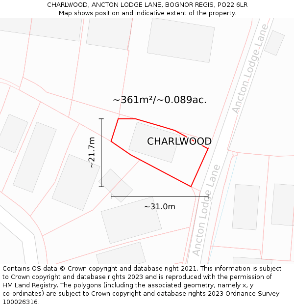 CHARLWOOD, ANCTON LODGE LANE, BOGNOR REGIS, PO22 6LR: Plot and title map