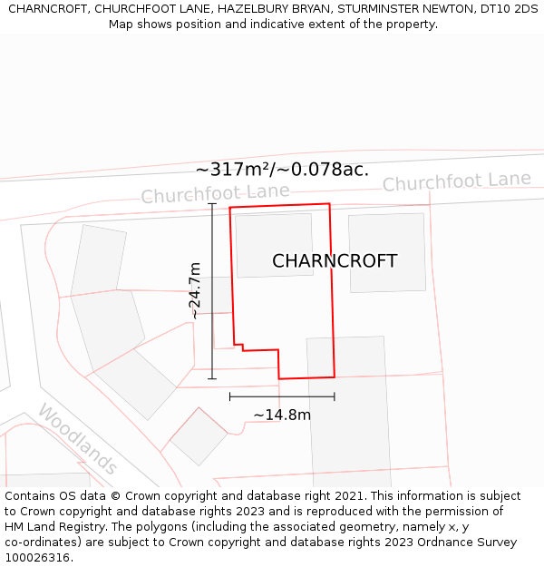 CHARNCROFT, CHURCHFOOT LANE, HAZELBURY BRYAN, STURMINSTER NEWTON, DT10 2DS: Plot and title map