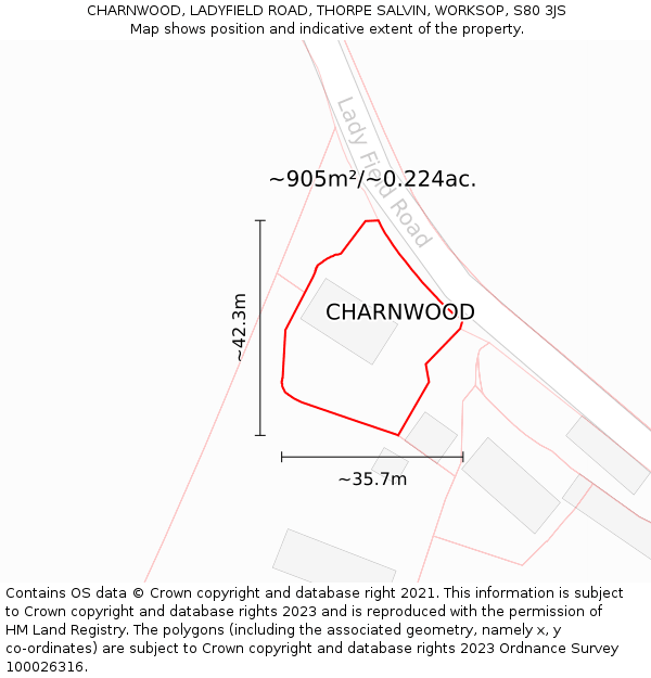 CHARNWOOD, LADYFIELD ROAD, THORPE SALVIN, WORKSOP, S80 3JS: Plot and title map