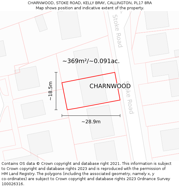 CHARNWOOD, STOKE ROAD, KELLY BRAY, CALLINGTON, PL17 8RA: Plot and title map