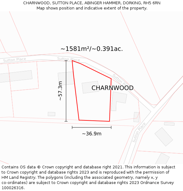 CHARNWOOD, SUTTON PLACE, ABINGER HAMMER, DORKING, RH5 6RN: Plot and title map