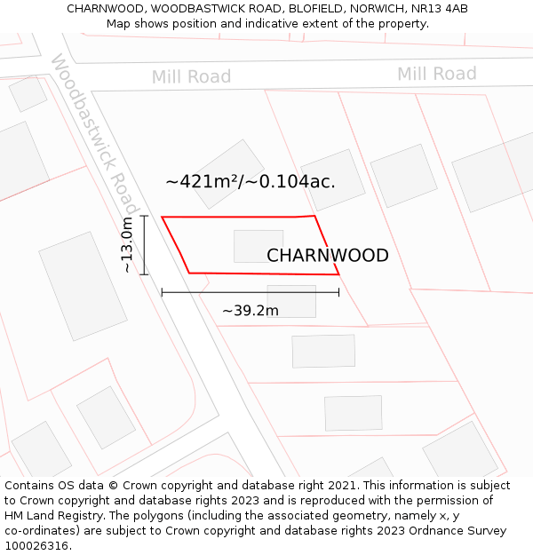 CHARNWOOD, WOODBASTWICK ROAD, BLOFIELD, NORWICH, NR13 4AB: Plot and title map
