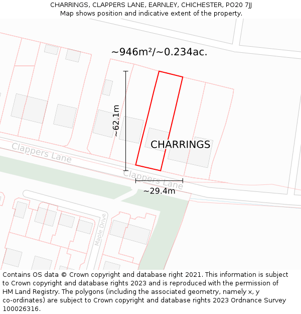 CHARRINGS, CLAPPERS LANE, EARNLEY, CHICHESTER, PO20 7JJ: Plot and title map