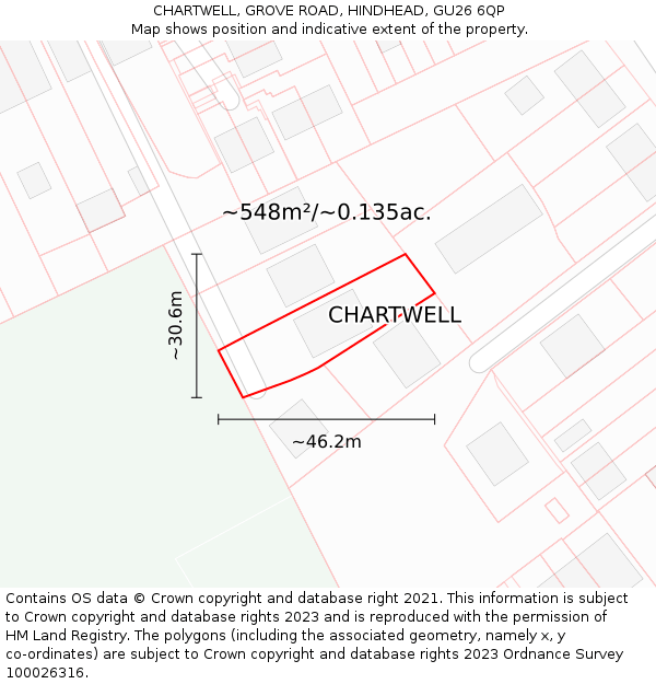 CHARTWELL, GROVE ROAD, HINDHEAD, GU26 6QP: Plot and title map