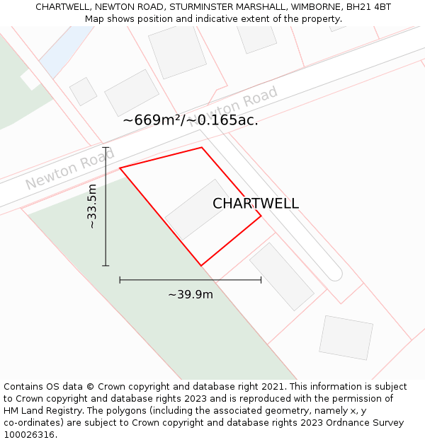 CHARTWELL, NEWTON ROAD, STURMINSTER MARSHALL, WIMBORNE, BH21 4BT: Plot and title map